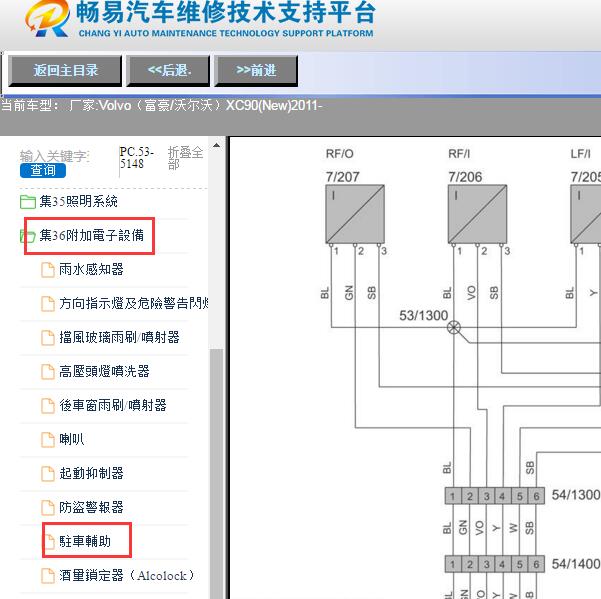 2011年沃尔沃XC90倒车雷达电路图