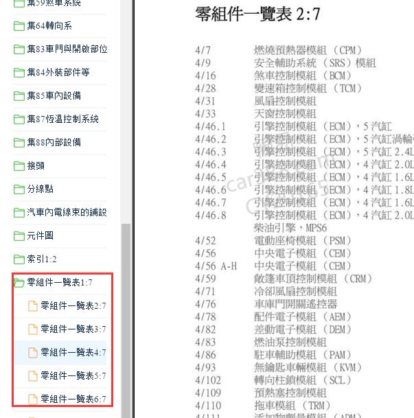 2010年沃尔沃C30元件代码说明
