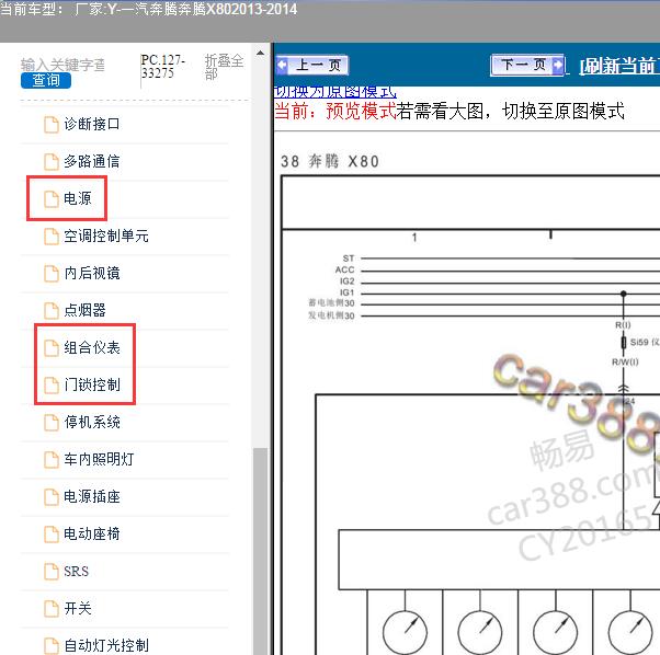 2013-2014年一汽奔腾-奔腾X80 车身、仪表和保险电路图