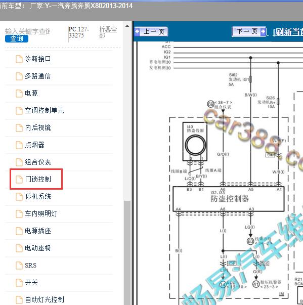 2013-2014年一汽奔腾-奔腾X80 门锁和防盗电路图