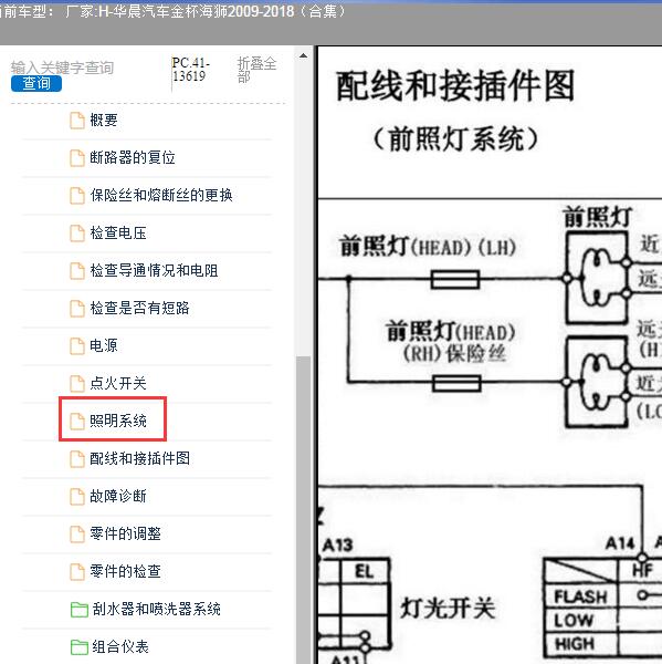 2009-2018年华晨金杯海狮灯光系统电路图和维修手册