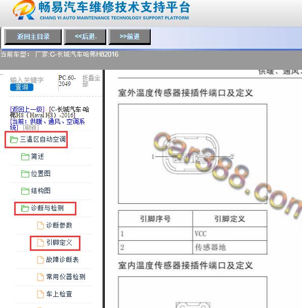 2016年长城H8 室外温度传感器针脚资料