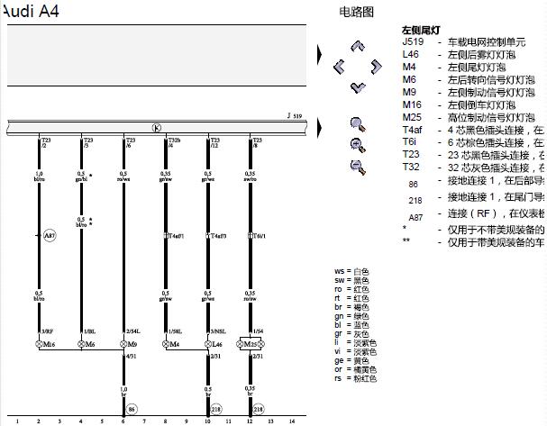 2006年奥迪A4倒车灯电路图