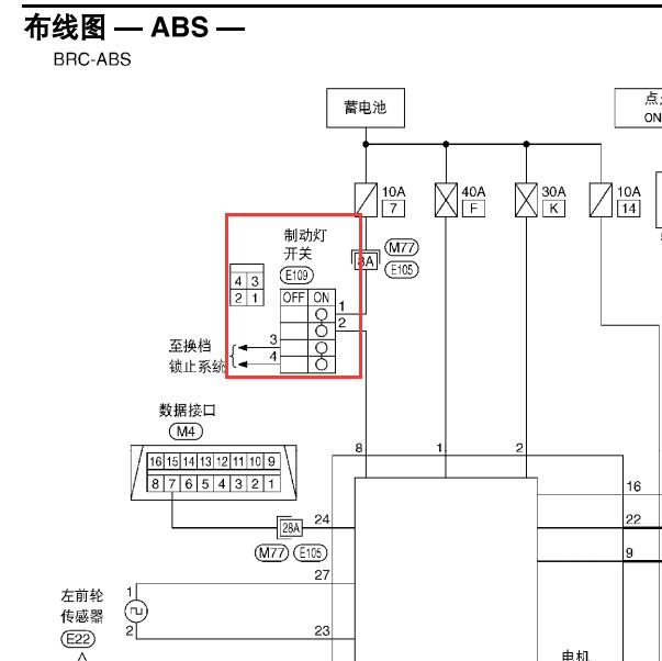 2009年日产轩逸刹车开关电路图