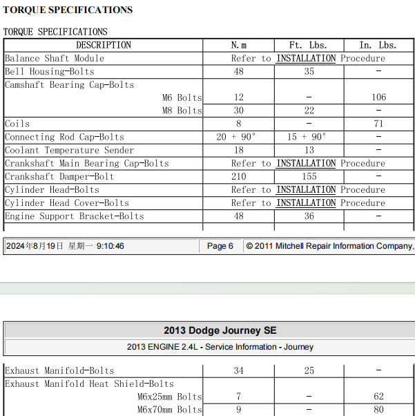 2013年道奇酷威发动机扭矩资料