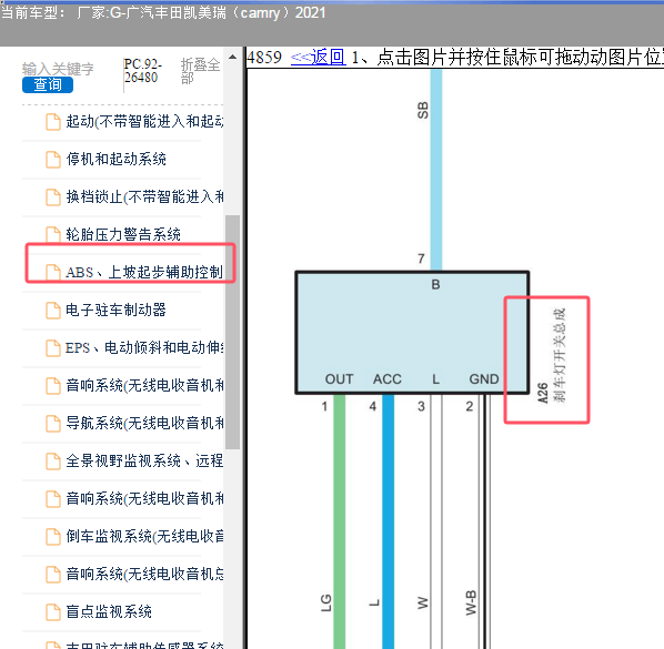2021年丰田凯美瑞刹车开关电路图