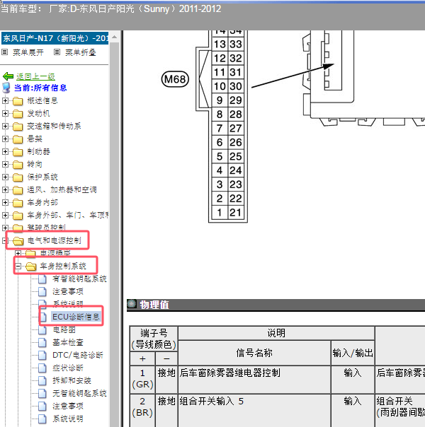 2011年日产阳光车身电脑针脚资料