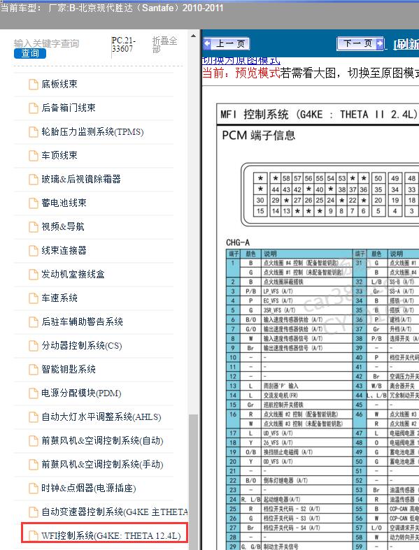 2010-2011年北京现代-胜达 发动机针脚和电路图