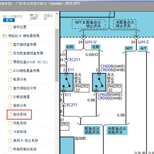 2010-2011年北京现代-胜达 点火开关电路图