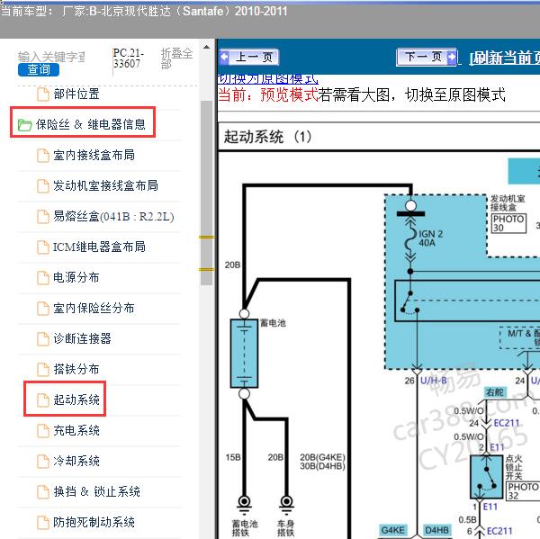 2010-2011年北京现代-胜达 起动电路图和保险资料