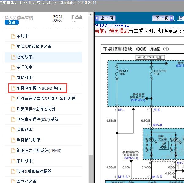 2010-2011年北京现代-胜达 车身电路图和针脚图
