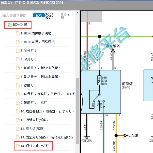 2023-2024年奇瑞汽车-瑞虎9 室内灯电路图