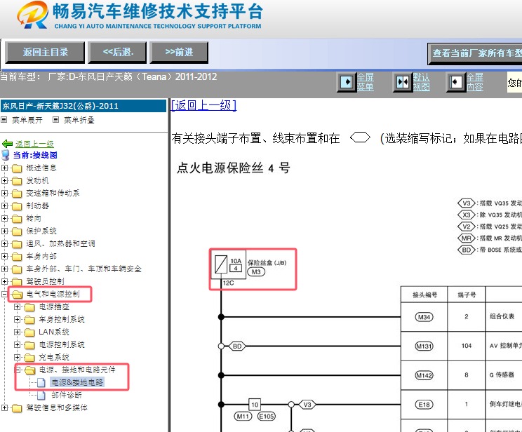 2011-2012年日产天籁室内保险丝4号保险丝电路图