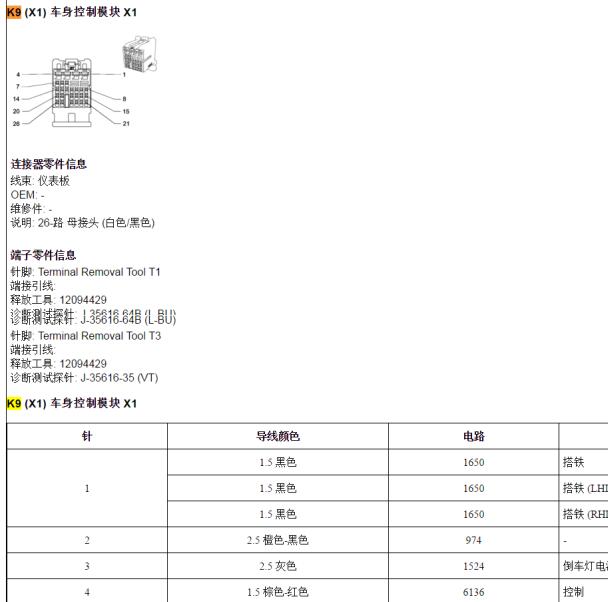 2009年别克君威BCM模块针脚定义