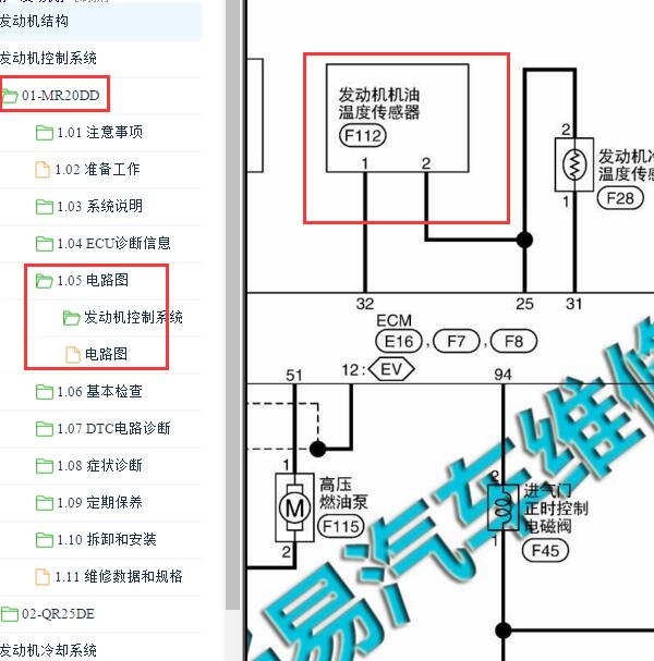 2017-2018年日产奇骏MR20发动机机油温度传感器电路图