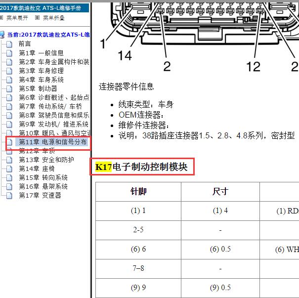 2017年凯迪拉克ATSL ABS针脚定义