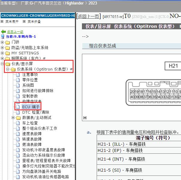 2023年广汽丰田-汉兰达 仪表针脚