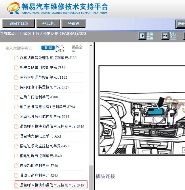 2020年大众帕萨特紧急呼叫控制单元位置