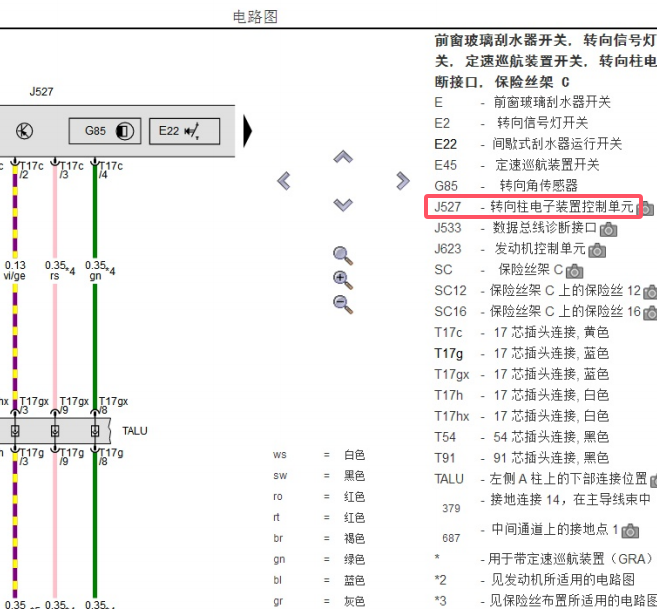 2023年奥迪A5 J527方向盘电子装置电路图