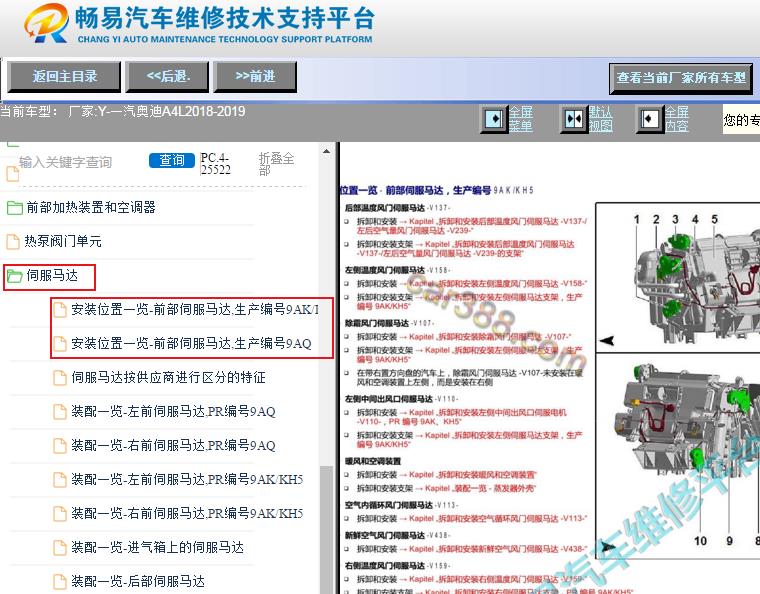 2018-2019年奥迪A4L空调风门电机分布图