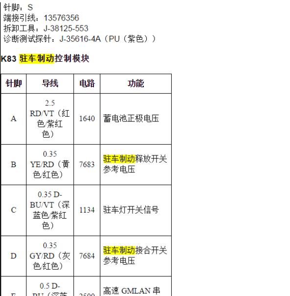 2012年别克君越电子手刹模块针脚定义
