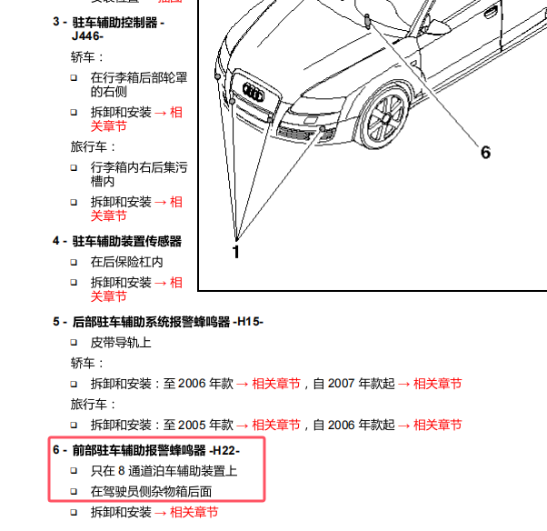 2006年奥迪A6L前雷达蜂鸣器安装位置