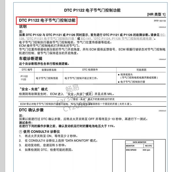 2009年日产轩逸P1122故障码资料