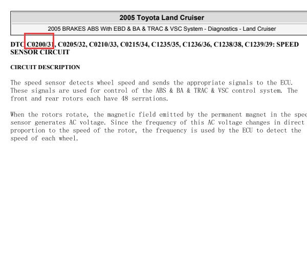 2005年丰田普拉多C0200故障码资料