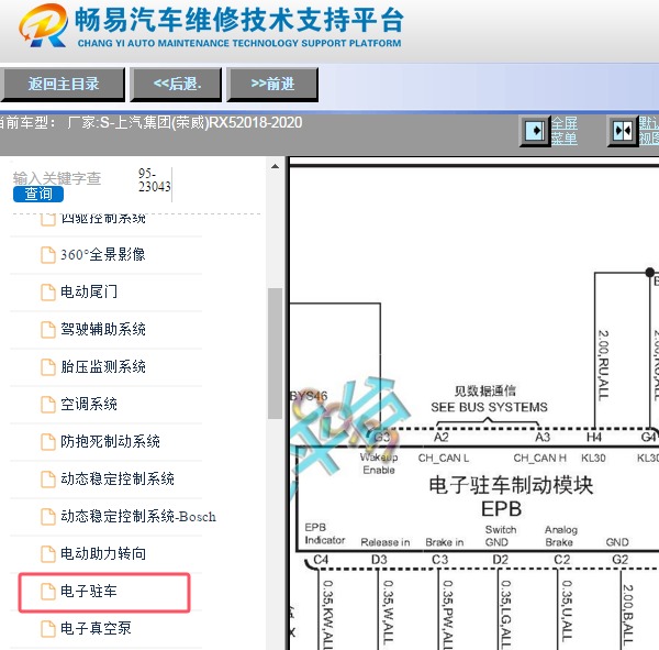 2018-2020年荣威RX5 电子手刹电路图
