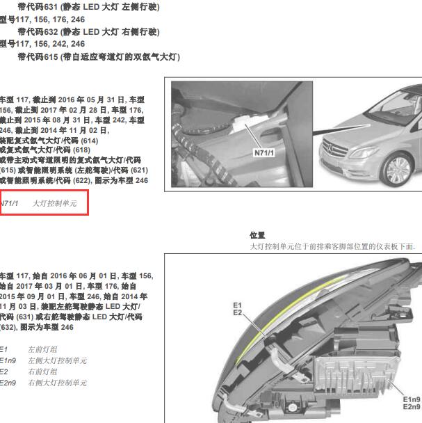 2016年奔驰GLA200 N71大灯控制单元位置