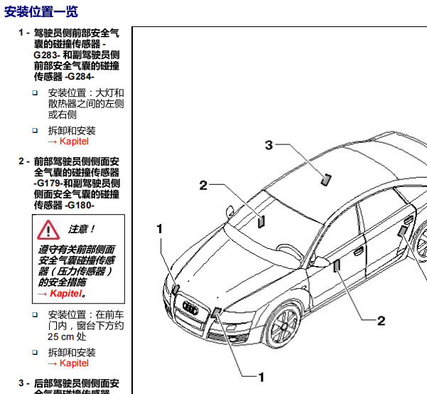 2005年奥迪A6L安全气囊碰撞传感器位置
