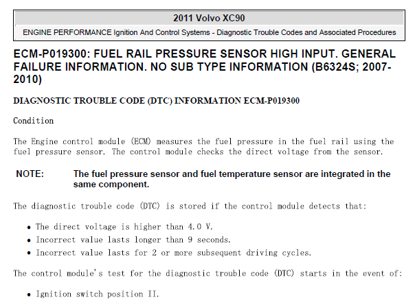 2011年沃尔沃XC90 启动电路图和P0193故障码诊断资料