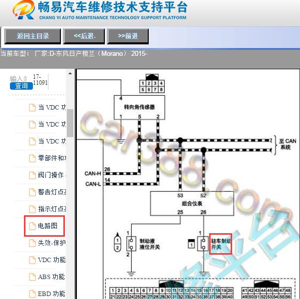 2015年日产楼兰手刹开关电路图