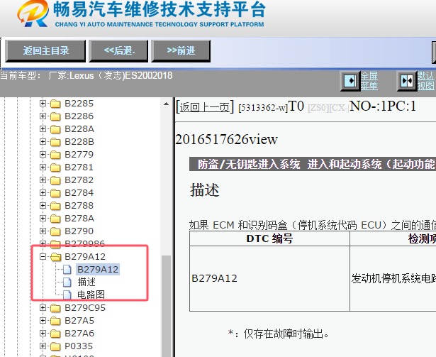 2018年雷克萨斯ES200 B279A12故障码诊断资料