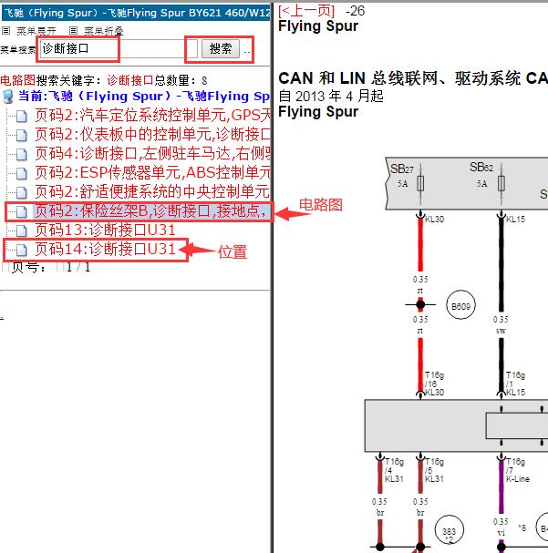 2014年宾利飞驰OBD网络通讯电路图和位置资料