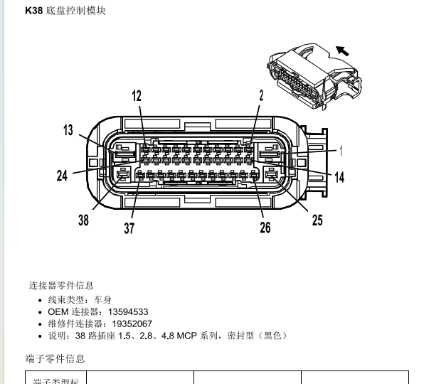 2018年凯迪拉克XT5 底盘模块K38针脚资料
