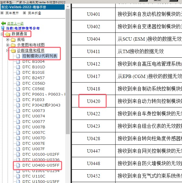 2022年上海别克-Velite 6 U0420故障码资料