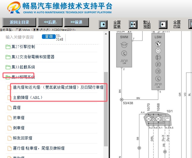 2011年沃尔沃XC90远光灯、近光灯电路图