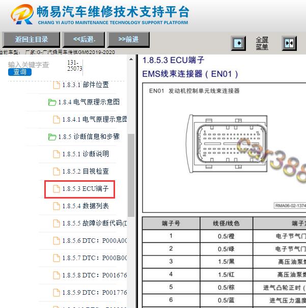 2019-2020年广汽祺GM6发动机针脚定义