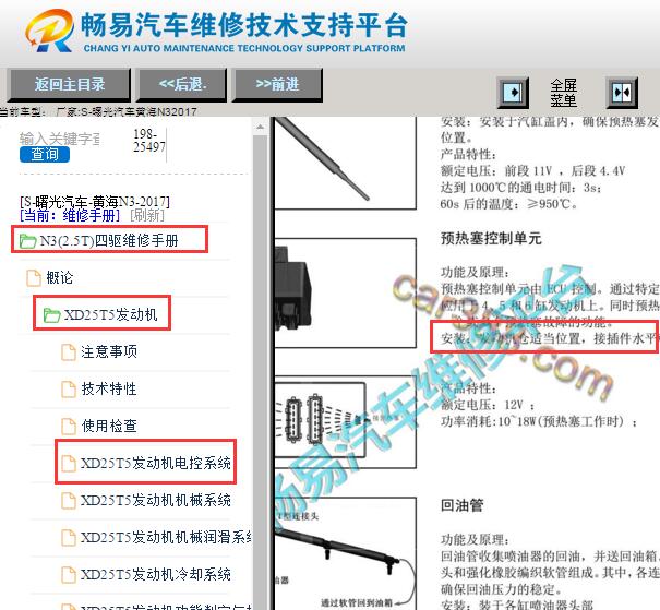 2017年黄海N3发动机预热塞模块位置说明