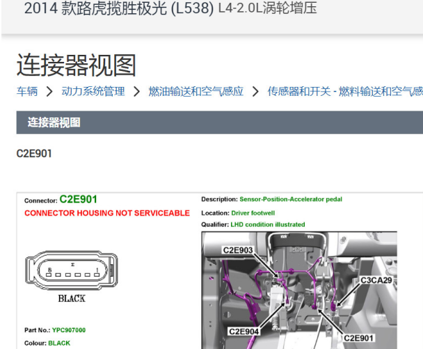 2014年路虎揽胜极光油门踏板传感器和发动机电脑针脚资料