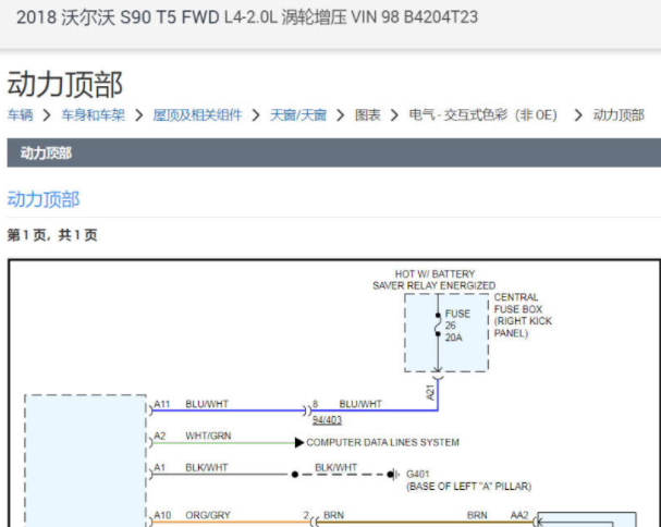 2018年沃尔沃S90天窗和通讯电路图