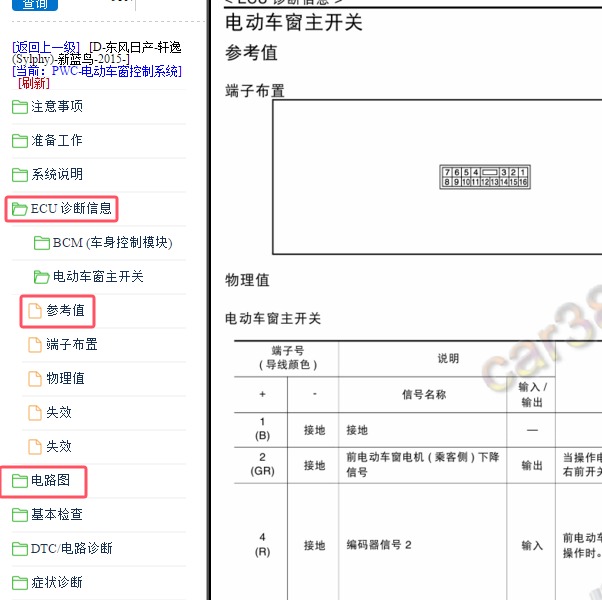 2015年日产轩逸左前车窗升降器开关的针脚定义和电路图