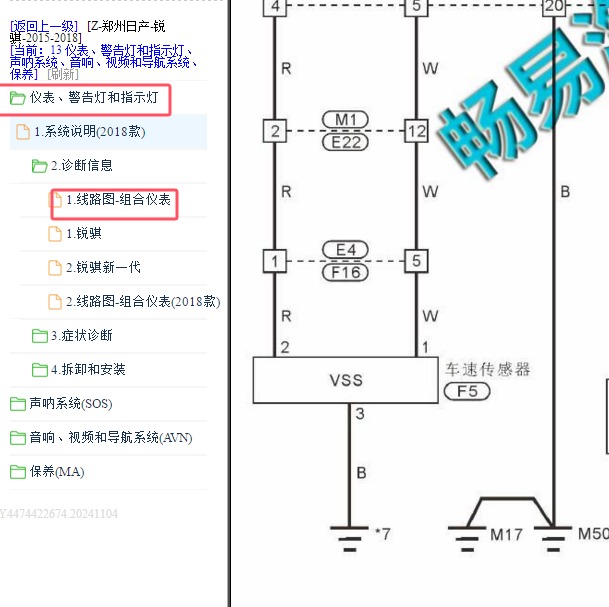 2015-2018年日产锐骐仪表和车速传感器电路图