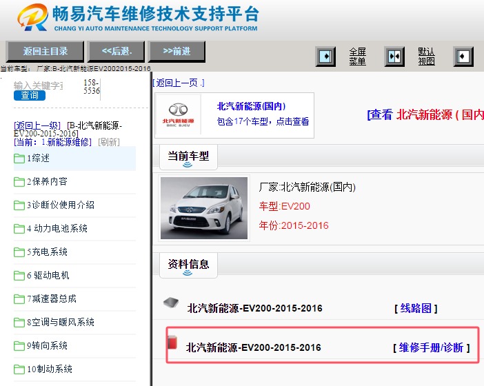 2015-2016年北汽新能源EV200维修手册和电路图资料