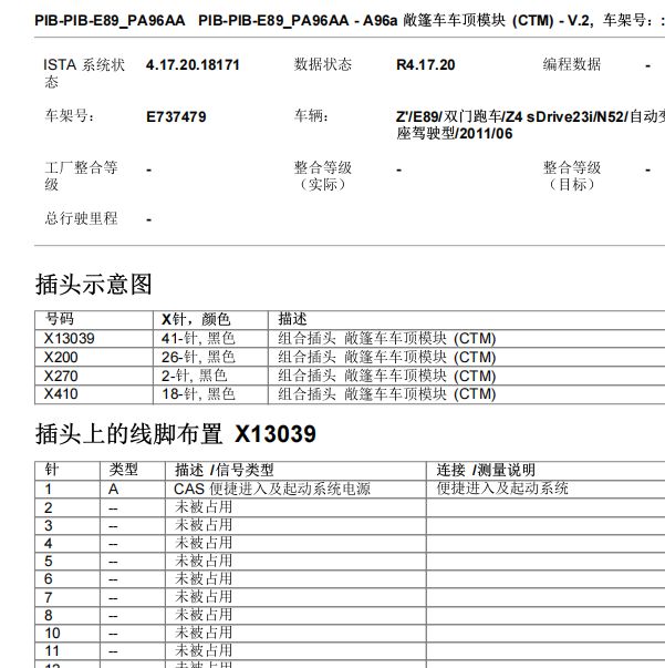 2011年宝马Z4敞篷模块针脚资料