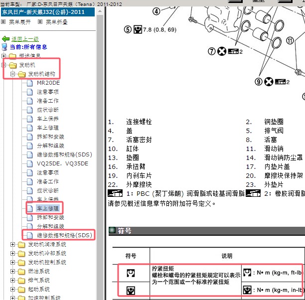 2011年日产天籁发动机装配参数和扭矩资料
