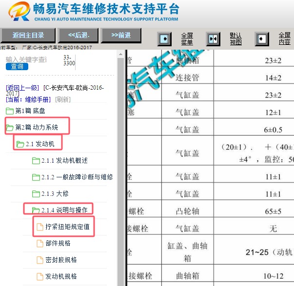 2016-2017年长安欧尚发动机缸盖扭矩