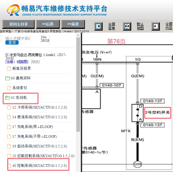 2017-2018年长安马自达昂克赛拉空挡开关电路图