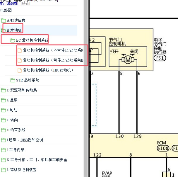 2019-2020年日产逍客电子节气门控制VTC电路图